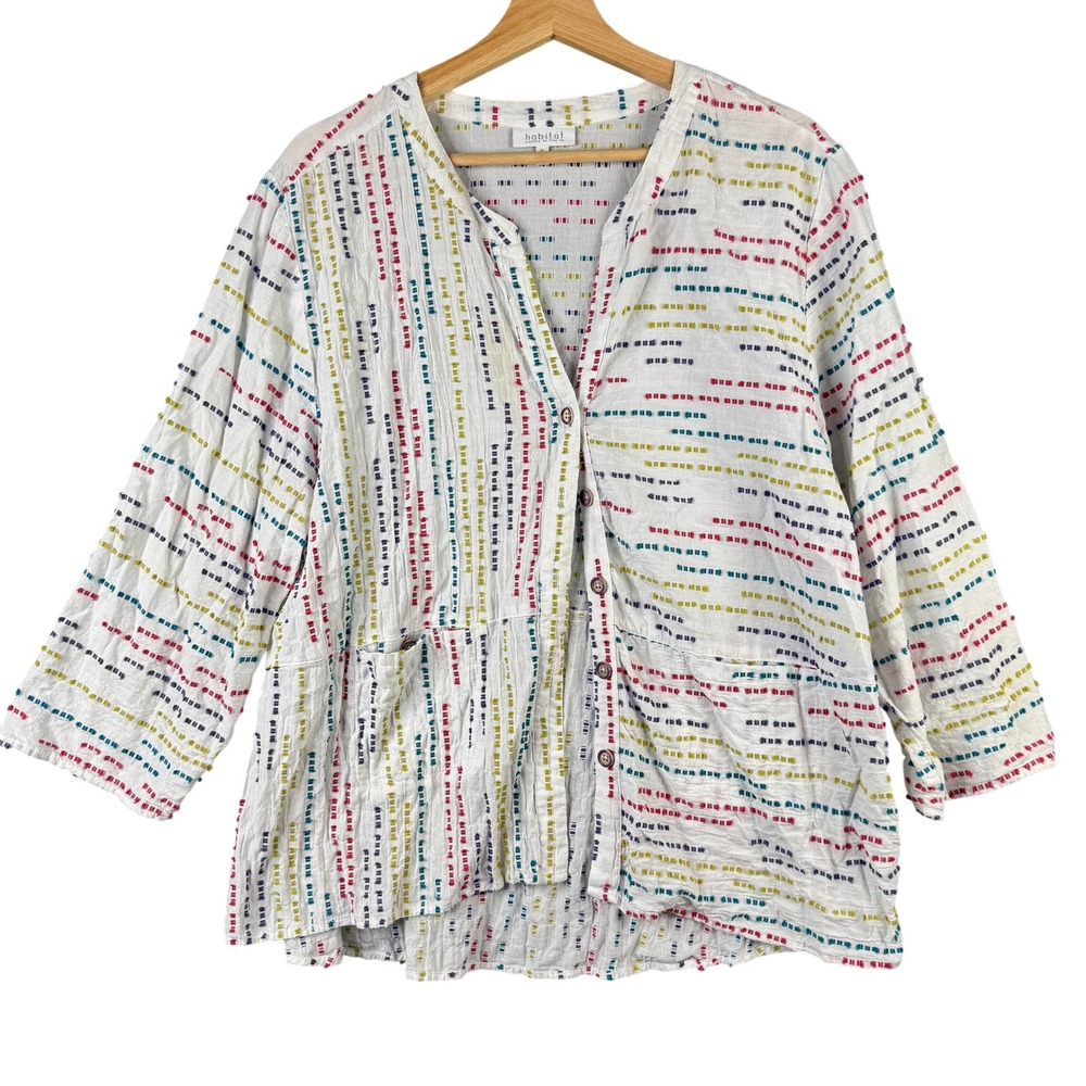 Habitat Clothes To Live In XL White Textured Dash Stripe Button Front Top 46411